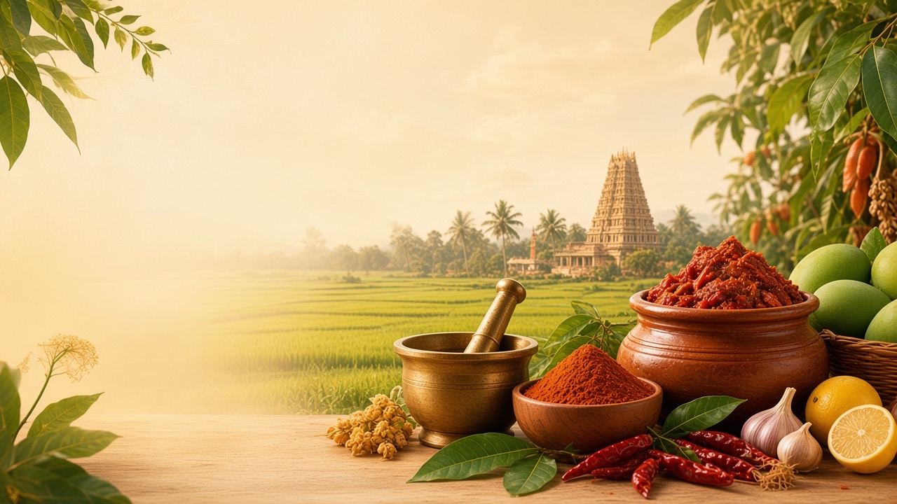 Andhra temple fields with homemade mango pickle, chilli powder, mangoes and spices